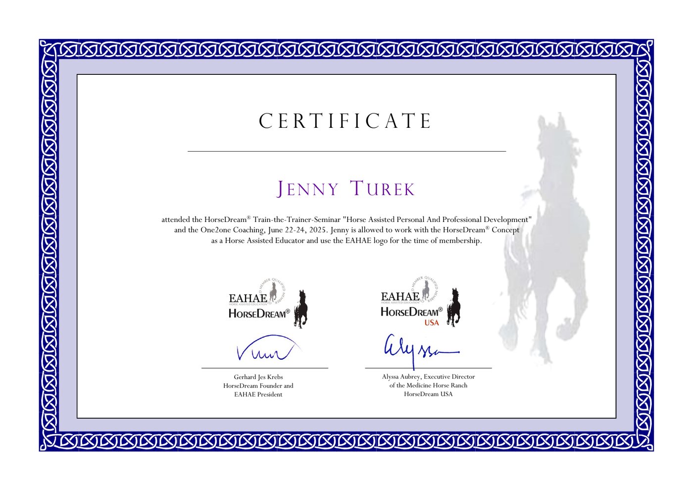 Jenny Turek EAHAE HorseDream Horse Assisted Educator certificate, 2025